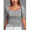 image:imageLYANER Womens Ruffle Peplum Smock Gingham Crop Top Square Neck Puff Short Sleeve Blouse ShirtBlack