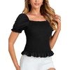 image:imageLYANER Womens Ruffle Peplum Smock Gingham Crop Top Square Neck Puff Short Sleeve Blouse ShirtSolid Black