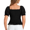 image:imageLYANER Womens Ruffle Peplum Smock Gingham Crop Top Square Neck Puff Short Sleeve Blouse ShirtSolid Black