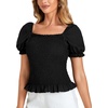 image:imageLYANER Womens Ruffle Peplum Smock Gingham Crop Top Square Neck Puff Short Sleeve Blouse ShirtSolid Black