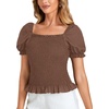 image:imageLYANER Womens Ruffle Peplum Smock Gingham Crop Top Square Neck Puff Short Sleeve Blouse ShirtSolid Brown
