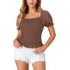 image:imageLYANER Womens Ruffle Peplum Smock Gingham Crop Top Square Neck Puff Short Sleeve Blouse ShirtSolid Brown
