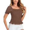 image:imageLYANER Womens Ruffle Peplum Smock Gingham Crop Top Square Neck Puff Short Sleeve Blouse ShirtSolid Brown