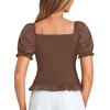 image:imageLYANER Womens Ruffle Peplum Smock Gingham Crop Top Square Neck Puff Short Sleeve Blouse ShirtSolid Brown