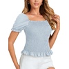image:imageLYANER Womens Ruffle Peplum Smock Gingham Crop Top Square Neck Puff Short Sleeve Blouse ShirtSolid Light Blue