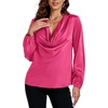 image:imageLYANER Womens Satin Silky Cowl Neck Drape Ruched Front Long Sleeve Blouse Shirt TopRose