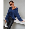 image:imageLYANER Womens Satin Silky Loose Turn Down V Neck Long Sleeve Button Blouse Shirt TopDark Blue