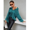 image:imageLYANER Womens Satin Silky Loose Turn Down V Neck Long Sleeve Button Blouse Shirt TopTeal