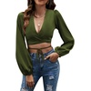 image:imageLYANER Womens Satin Wrap V Neck Criss Cross Tie Long Sleeve Crop Blouse TopArmy Green