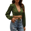 image:imageLYANER Womens Satin Wrap V Neck Criss Cross Tie Long Sleeve Crop Blouse TopArmy Green