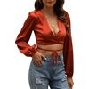 image:imageLYANER Womens Satin Wrap V Neck Criss Cross Tie Long Sleeve Crop Blouse TopBrown