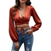 image:imageLYANER Womens Satin Wrap V Neck Criss Cross Tie Long Sleeve Crop Blouse TopBrown