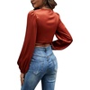 image:imageLYANER Womens Satin Wrap V Neck Criss Cross Tie Long Sleeve Crop Blouse TopBrown