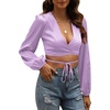 image:imageLYANER Womens Satin Wrap V Neck Criss Cross Tie Long Sleeve Crop Blouse TopLight Purple