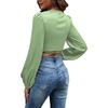 image:imageLYANER Womens Satin Wrap V Neck Criss Cross Tie Long Sleeve Crop Blouse TopPea Green