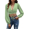 image:imageLYANER Womens Satin Wrap V Neck Criss Cross Tie Long Sleeve Crop Blouse TopPea Green