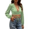 image:imageLYANER Womens Satin Wrap V Neck Criss Cross Tie Long Sleeve Crop Blouse TopPea Green