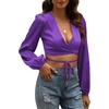 image:imageLYANER Womens Satin Wrap V Neck Criss Cross Tie Long Sleeve Crop Blouse TopPurple