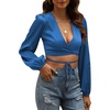 image:imageLYANER Womens Satin Wrap V Neck Criss Cross Tie Long Sleeve Crop Blouse TopRoyal Blue