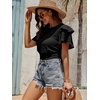 image:imageLYANER Womens Self Tie Back Scoop Neck Layer Ruffle Trim Short Sleeve Crop Top Blouse ShirtBlack