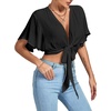 image:imageLYANER Womens Sexy Deep V Neck Tie Front Wrap Cropped Blouse Bell Short Sleeve Ruffle Crop TopsBlack
