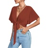 image:imageLYANER Womens Sexy Deep V Neck Tie Front Wrap Cropped Blouse Bell Short Sleeve Ruffle Crop TopsBrick Red