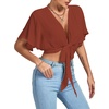 image:imageLYANER Womens Sexy Deep V Neck Tie Front Wrap Cropped Blouse Bell Short Sleeve Ruffle Crop TopsBrick Red