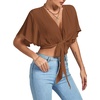 image:imageLYANER Womens Sexy Deep V Neck Tie Front Wrap Cropped Blouse Bell Short Sleeve Ruffle Crop TopsBrown