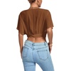 image:imageLYANER Womens Sexy Deep V Neck Tie Front Wrap Cropped Blouse Bell Short Sleeve Ruffle Crop TopsBrown