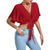 image:imageLYANER Womens Sexy Deep V Neck Tie Front Wrap Cropped Blouse Bell Short Sleeve Ruffle Crop TopsBurgundy