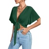 image:imageLYANER Womens Sexy Deep V Neck Tie Front Wrap Cropped Blouse Bell Short Sleeve Ruffle Crop TopsDark Green