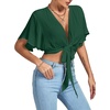 image:imageLYANER Womens Sexy Deep V Neck Tie Front Wrap Cropped Blouse Bell Short Sleeve Ruffle Crop TopsDark Green