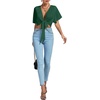 image:imageLYANER Womens Sexy Deep V Neck Tie Front Wrap Cropped Blouse Bell Short Sleeve Ruffle Crop TopsDark Green