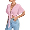 image:imageLYANER Womens Sexy Deep V Neck Tie Front Wrap Cropped Blouse Bell Short Sleeve Ruffle Crop TopsPink