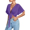 image:imageLYANER Womens Sexy Deep V Neck Tie Front Wrap Cropped Blouse Bell Short Sleeve Ruffle Crop TopsPurple