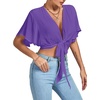 image:imageLYANER Womens Sexy Deep V Neck Tie Front Wrap Cropped Blouse Bell Short Sleeve Ruffle Crop TopsPurple