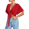 image:imageLYANER Womens Sexy Deep V Neck Tie Front Wrap Cropped Blouse Bell Short Sleeve Ruffle Crop TopsRed