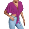 image:imageLYANER Womens Sexy Deep V Neck Tie Front Wrap Cropped Blouse Bell Short Sleeve Ruffle Crop TopsRose