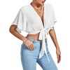 image:imageLYANER Womens Sexy Deep V Neck Tie Front Wrap Cropped Blouse Bell Short Sleeve Ruffle Crop TopsSolid White