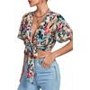 image:imageLYANER Womens Sexy Deep V Neck Tie Front Wrap Cropped Blouse Bell Short Sleeve Ruffle Crop TopsTropical Multicolored
