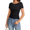 image:imageLYANER Womens Sexy Floral Lace Tie Back Tops Boat Neck Short Sleeve Fitted Going Out Trendy BlouseBlack