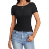 image:imageLYANER Womens Sexy Floral Lace Tie Back Tops Boat Neck Short Sleeve Fitted Going Out Trendy BlouseBlack