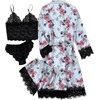 image:imageLYANER Womens Sexy Silk Satin Pajamas Set 4pcs Lingerie Nightwear Floral Lace Cami Pjs Sleepwear with RobeBlue Print