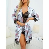 image:imageLYANER Womens Sexy Silk Satin Pajamas Set 4pcs Lingerie Nightwear Floral Lace Cami Pjs Sleepwear with RobeBlue Print