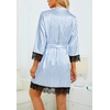 image:imageLYANER Womens Sexy Silk Satin Pajamas Set 4pcs Lingerie Nightwear Floral Lace Cami Pjs Sleepwear with RobeBlue and White Stripes