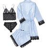image:imageLYANER Womens Sexy Silk Satin Pajamas Set 4pcs Lingerie Nightwear Floral Lace Cami Pjs Sleepwear with RobeBlue and White Stripes