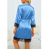 image:imageLYANER Womens Sexy Silk Satin Pajamas Set 4pcs Lingerie Nightwear Floral Lace Cami Pjs Sleepwear with RobeBright Blue