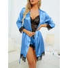 image:imageLYANER Womens Sexy Silk Satin Pajamas Set 4pcs Lingerie Nightwear Floral Lace Cami Pjs Sleepwear with RobeBright Blue