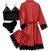image:imageLYANER Womens Sexy Silk Satin Pajamas Set 4pcs Lingerie Nightwear Floral Lace Cami Pjs Sleepwear with RobeBright Red