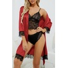 image:imageLYANER Womens Sexy Silk Satin Pajamas Set 4pcs Lingerie Nightwear Floral Lace Cami Pjs Sleepwear with RobeBright Red